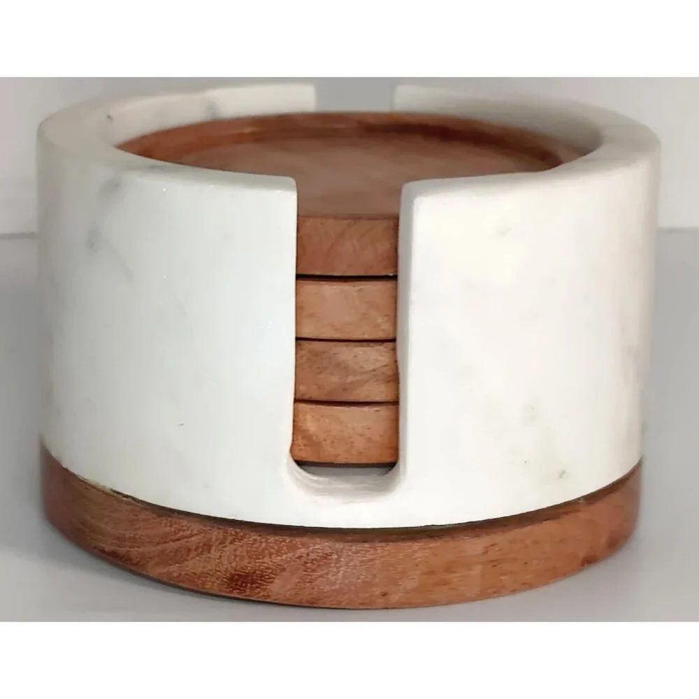 Etched B Monogram Wood Coasters Set with White Heavy Marble Holder Wood Base